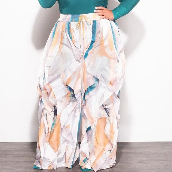 Ruffle Wavy RED ABSTRACT print Women's Pants - Picture 13 of 13